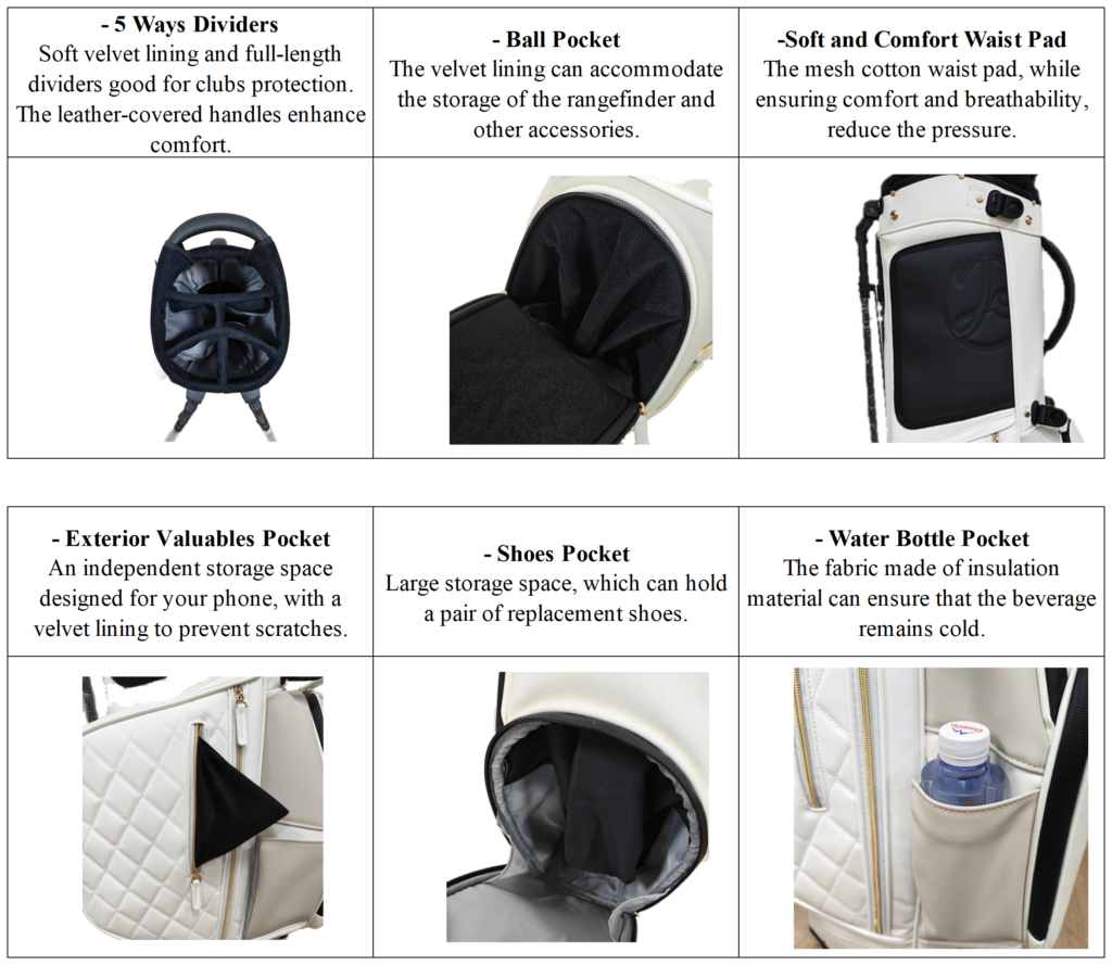 Custom White PU Leather Golf Bags with Stand details
