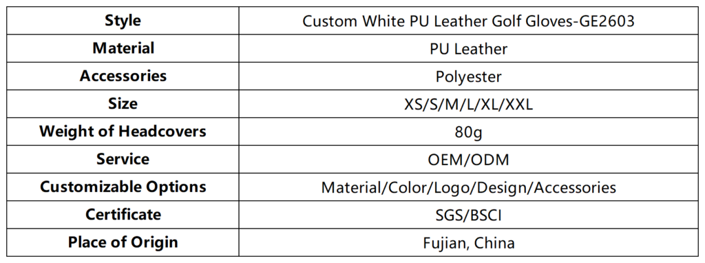 Custom White PU Leather Golf Gloves dimension