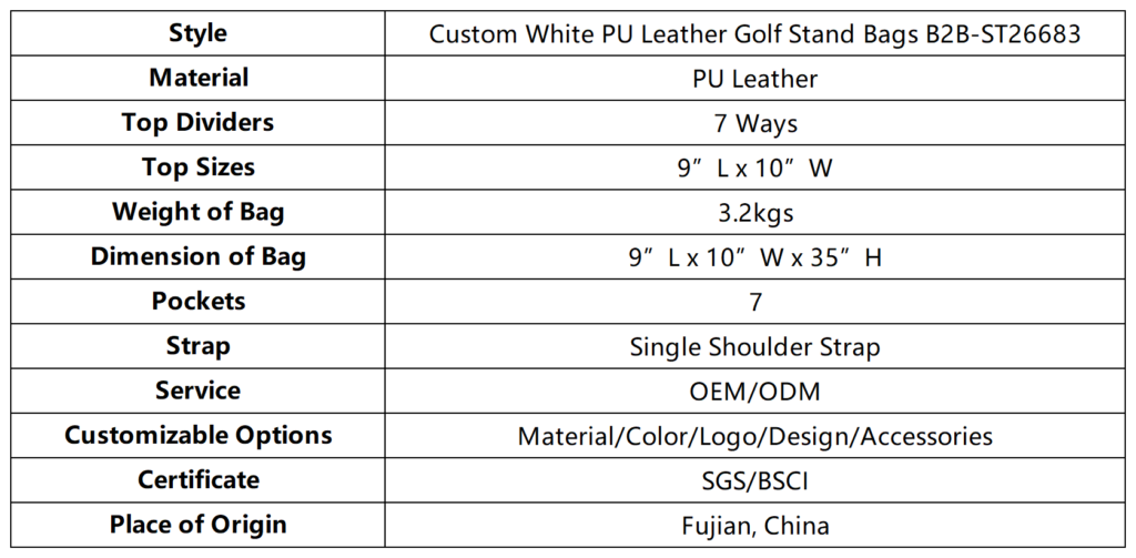 Custom White PU Leather Golf Stand Bags B2B dimension