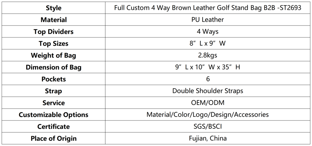 Full Custom 4 Way Brown Leather Golf Stand Bag B2B dimension