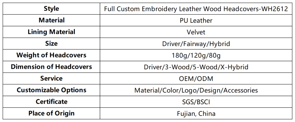 Full Custom Embroidery Leather Wood Headcovers dimension