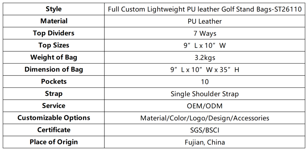 Full Custom Lightweight PU leather Golf Stand Bags dimension