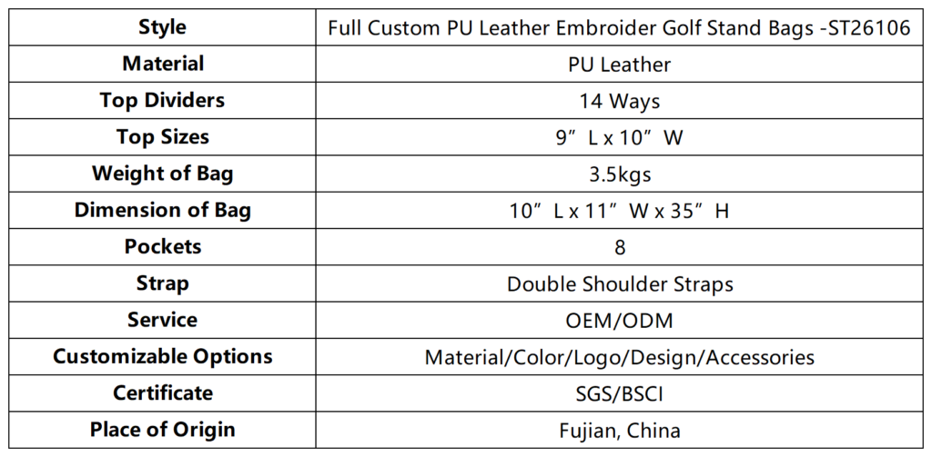 Full Custom PU Leather Embroider Golf Stand Bags dimension