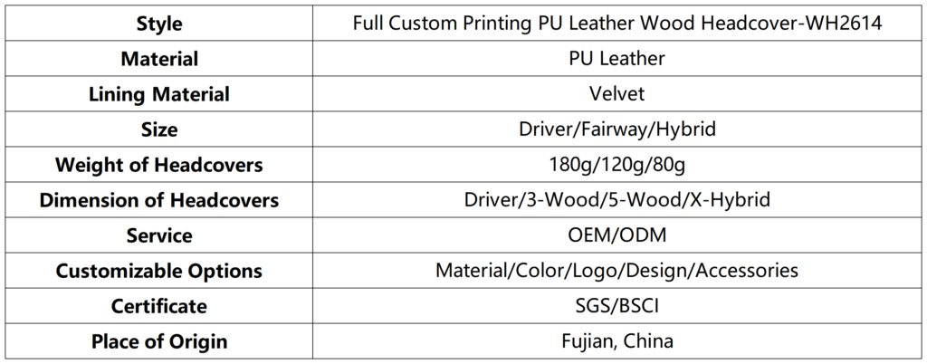 Full Custom Printing PU Leather Wood Headcover dimension