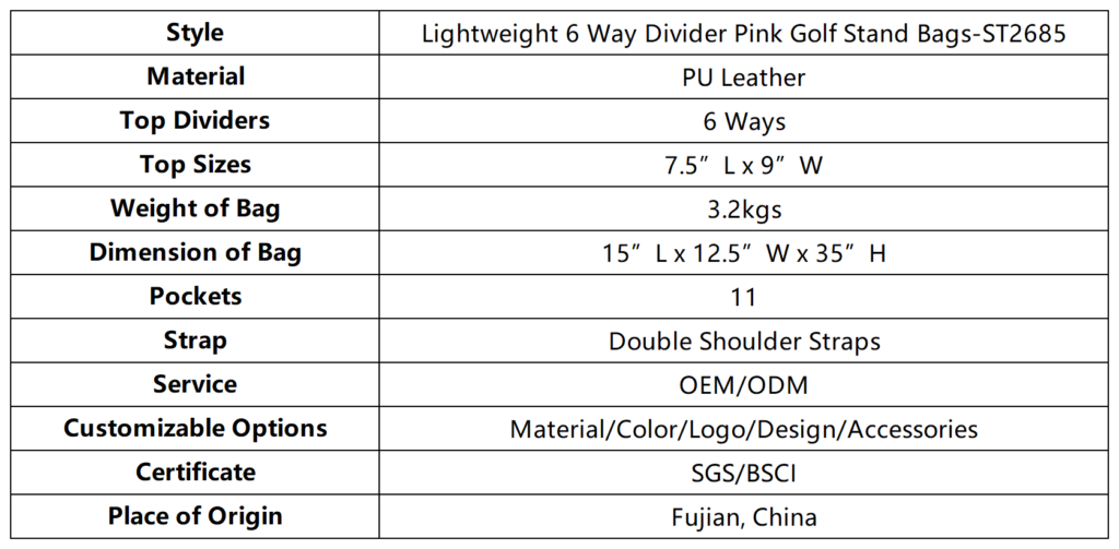 Lightweight 6 Way Divider Pink Golf Stand Bags dimension