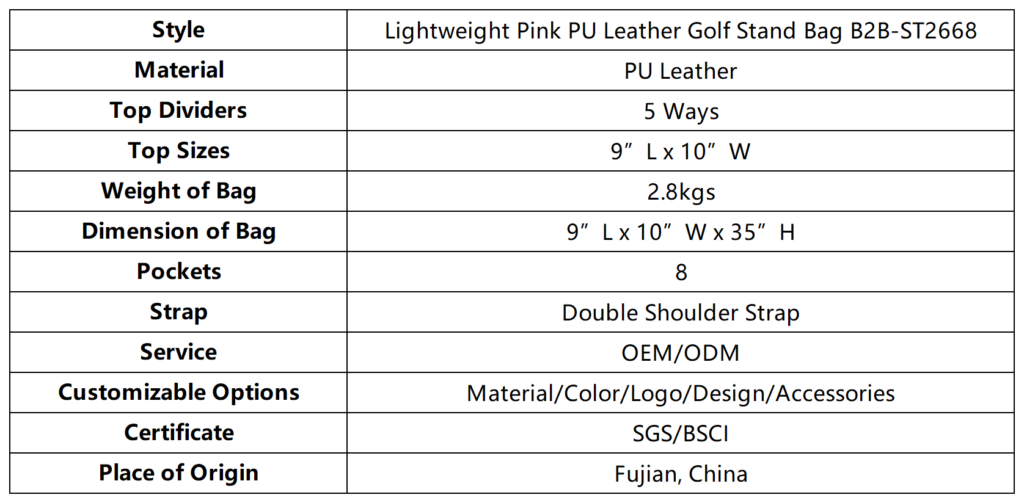 Lightweight Pink PU Leather Golf Stand Bag B2B dimension