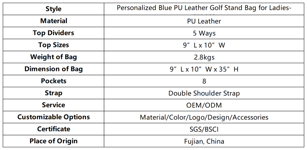 Personalized Blue PU Leather Golf Stand Bag for Ladies dimension