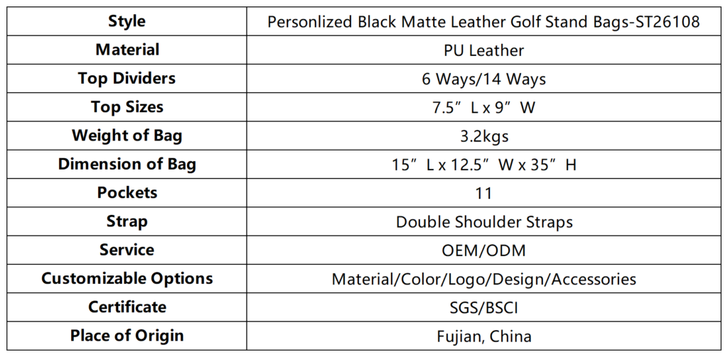 Personlized Black Matte Leather Golf Stand Bags dimension