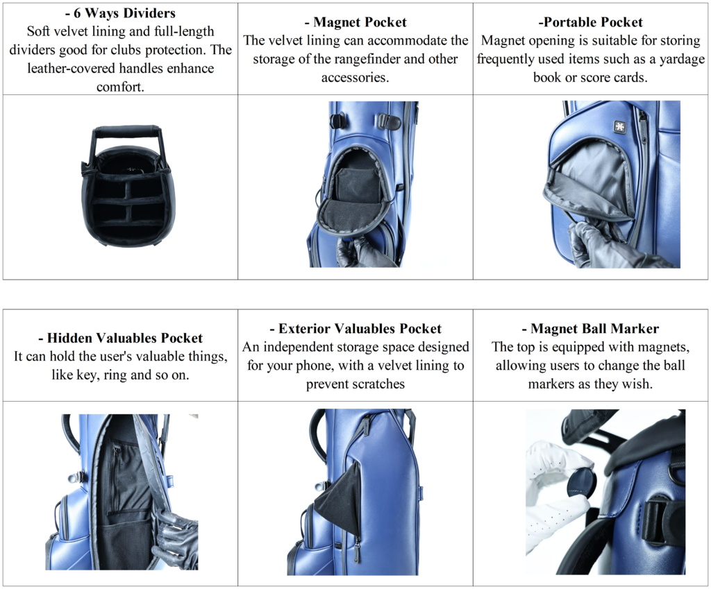 Custom 6 Way Top PU Leather Golf Stand Bag Factory details