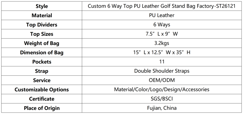 Custom 6 Way Top PU Leather Golf Stand Bag Factory dimension