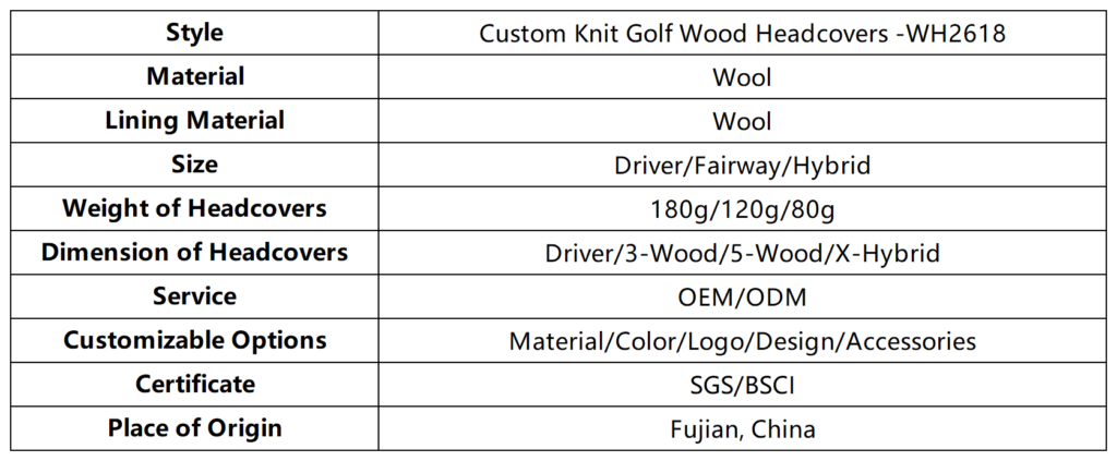 Custom Knit Golf Wood Headcovers dimension