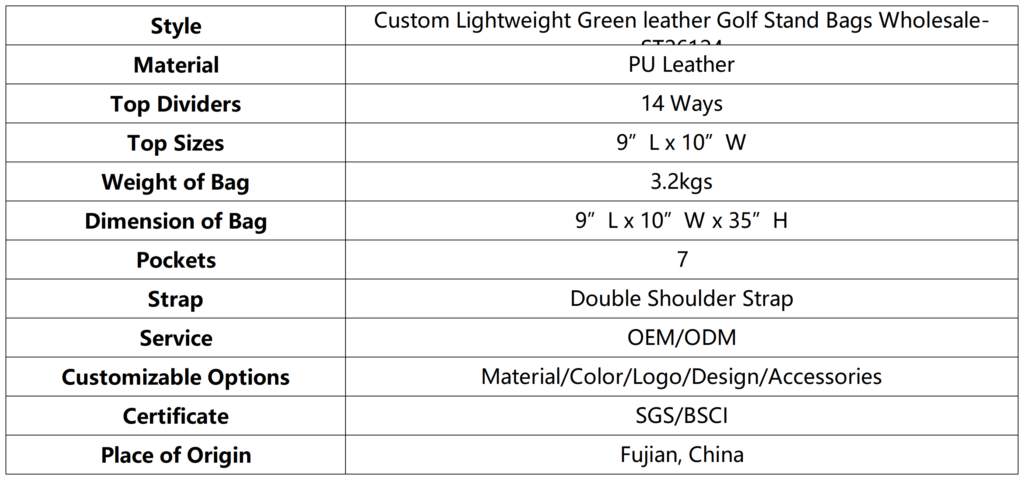 Custom Lightweight Green leather Golf Stand Bags Wholesale dimension