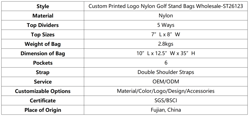Custom Printed Logo Nylon Golf Stand Bags Wholesale dimension