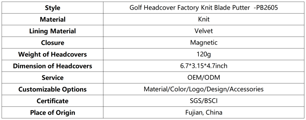 Golf Headcover Factory Knit Blade Putter 6 Golf Headcover Factory Knit Blade Putter dimension