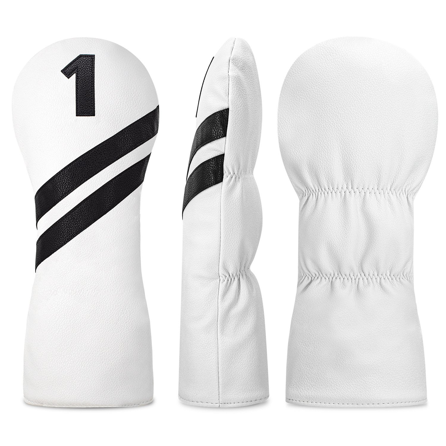 White and Black Leather Wood Golf Headcover Supplier 4 Black Embroidery Logo Golf Headcover Supplier