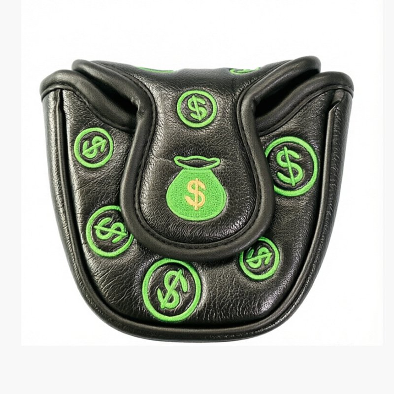 Embroidered Mallet Putter Cover Golf Headcover Factory 5 Black Leather Mallet Putter Cover With Embroidery Green Logo