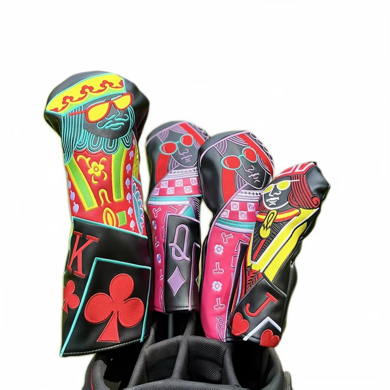 Premium Poker Embroidery Driver Sets Golf Headcover Supplier 2 Black Leather Poker Embroidery Driver Cover With Black Velvet Lining