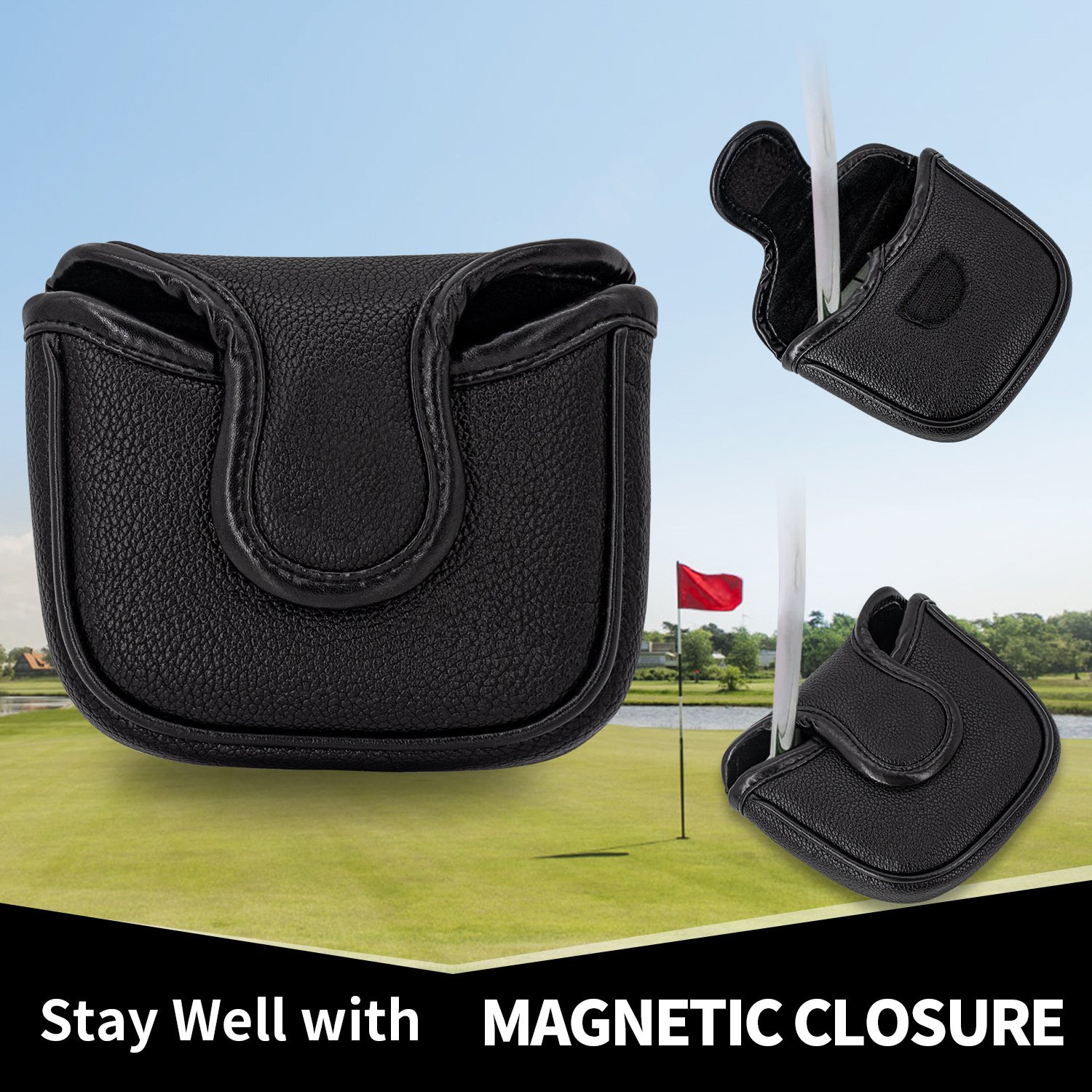 Best Black Mallet Putter Cover Golf Headcover Supplier 3 Black PU Leather Mallet Putter Cover Reinforced Stitching And Velcro