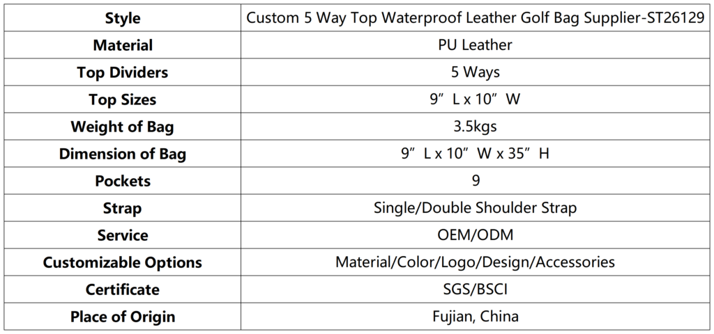 Custom 5 Way Top Waterproof Leather Golf Bag Supplier 7 Custom 5 Way Top Waterproof Leather Golf Bag Supplier dimension