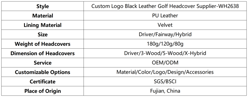 Custom Logo Black Leather Golf Headcover Supplier dimension