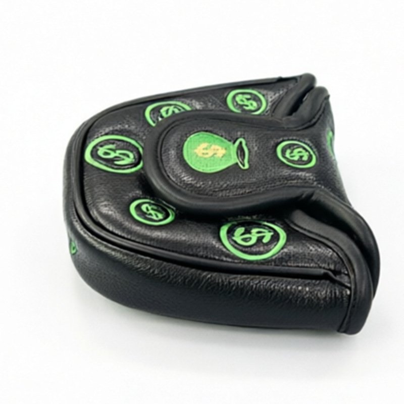 Embroidered Mallet Putter Cover Golf Headcover Factory 3 Custom Logo Black Putter Headcover Supplier Green Thread Embroidery