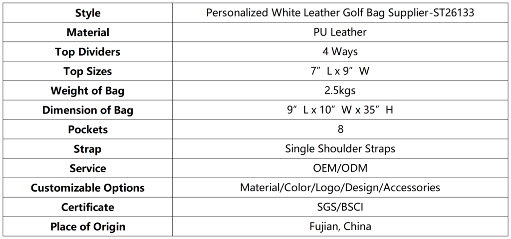 Personalized White Leather Golf Bag Supplier dimension