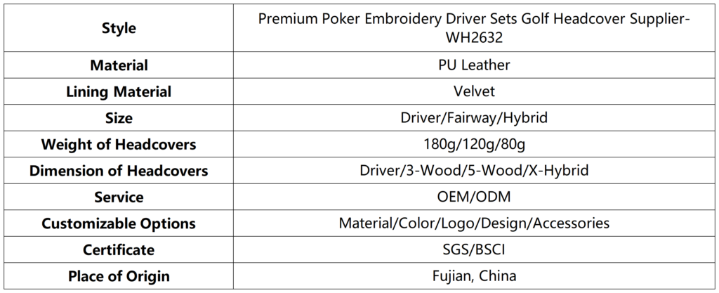 Premium Poker Embroidery Driver Sets Golf Headcover Supplier 6 Premium Poker Embroidery Driver Sets Golf Headcover Supplier dimension