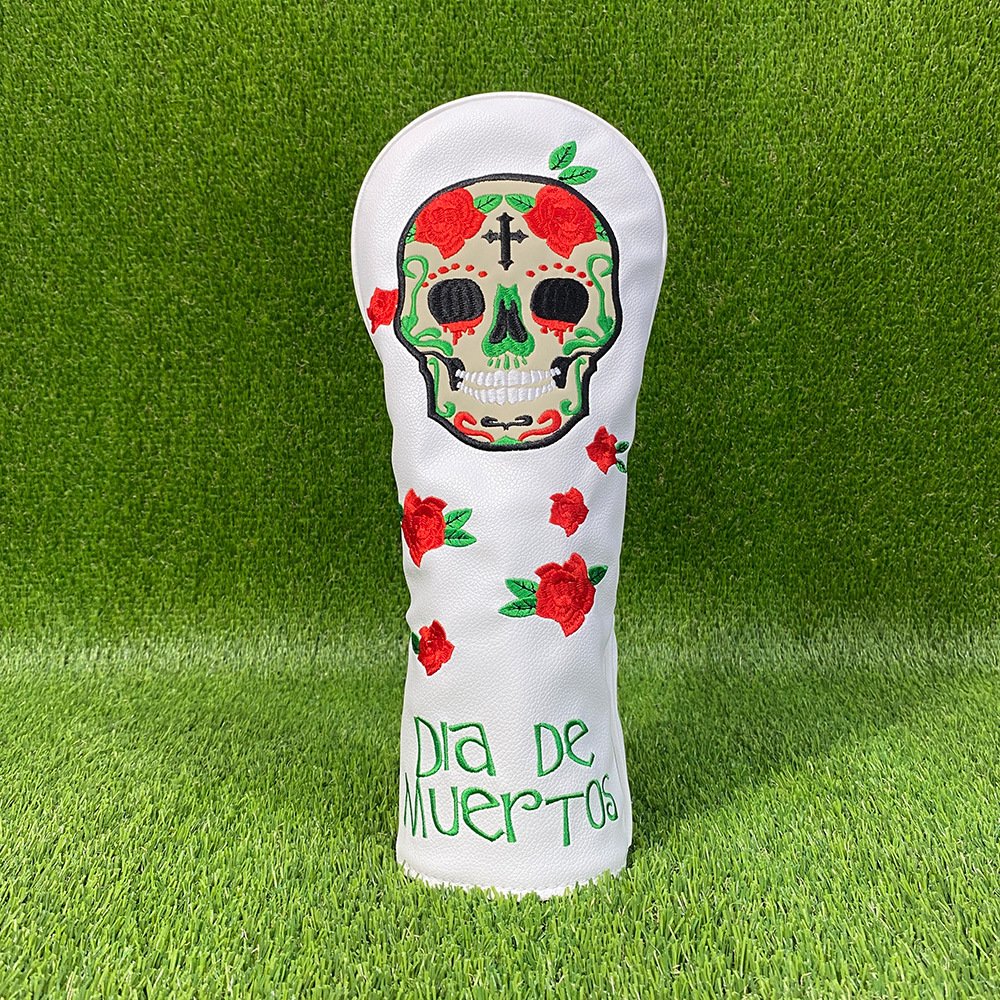 Best Skull Embroidery Hybird Golf Headcover Manufacturer 5 Skull Embroidery Logo On White Golf Headcover Manufacturer