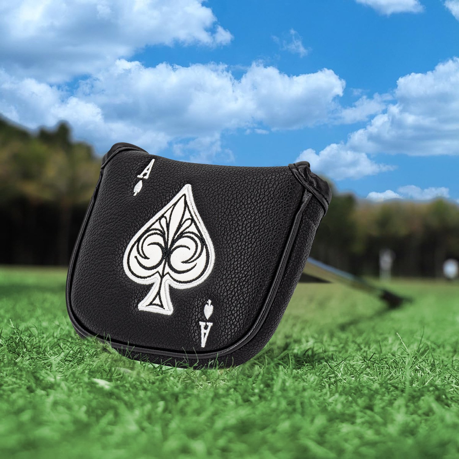 Best Black Mallet Putter Cover Golf Headcover Supplier 5 White Ace Of Spades Embroidery Golf Mallet Cover