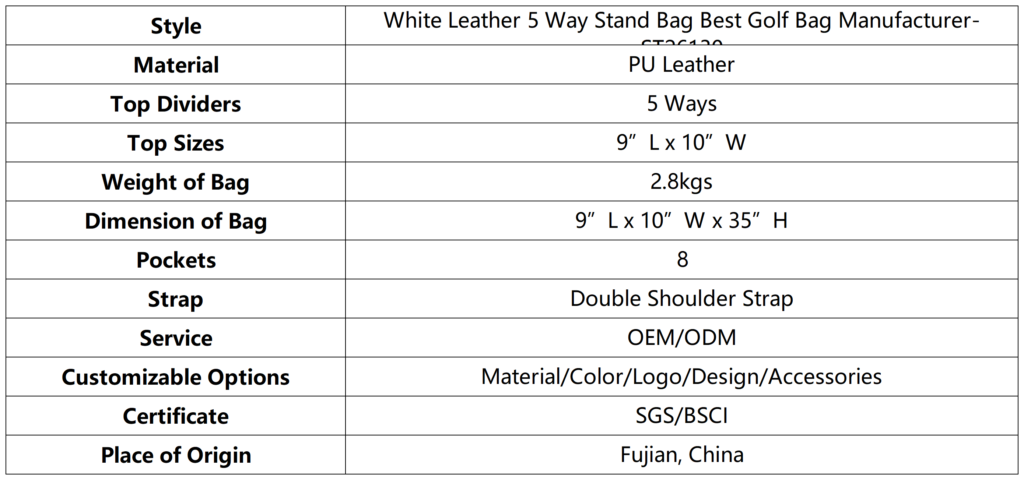 White Leather 5 Way Stand Bag Best Golf Bag Manufacturer dimension