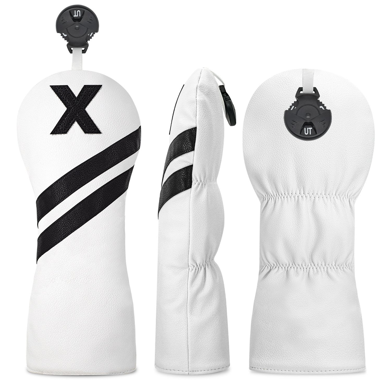 White and Black Leather Wood Golf Headcover Supplier 2 White PU Leather Golf Wood Headcover With Black Velvet Lining