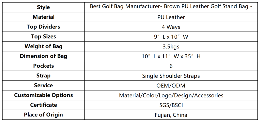 Best Golf Bag Manufacturer- Brown PU Leather Golf Stand Bag 7 Best Golf Bag Manufacturer- Brown PU Leather Golf Stand Bag dimension