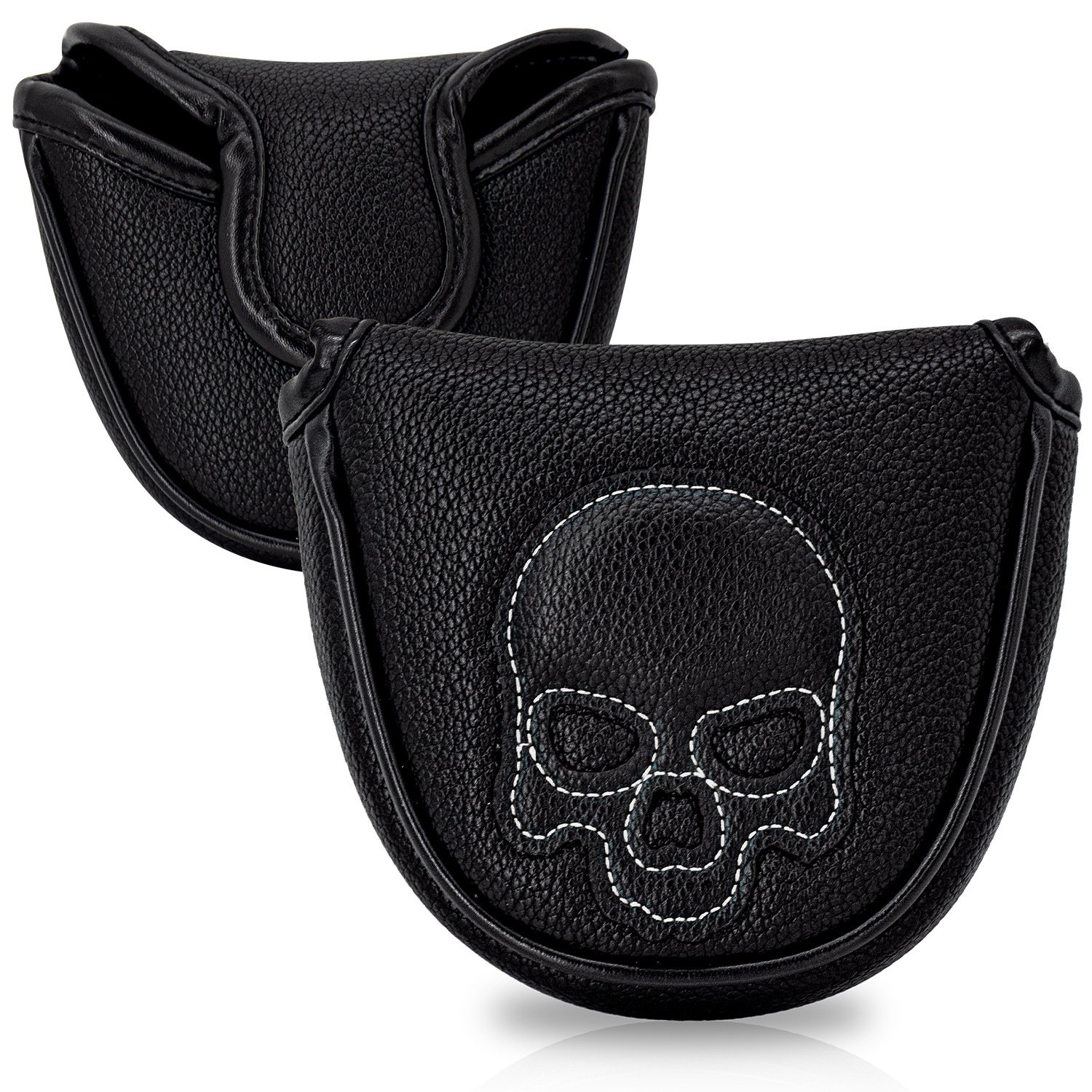 Personalize Black Mallet Putter Covers Golf Headcover Supplier 4 Black Leather Mallet Putter Cover With Skull Embroidery