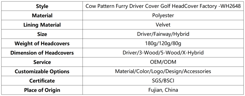 Cow Pattern Furry Driver Cover Golf HeadCover Factory dimension