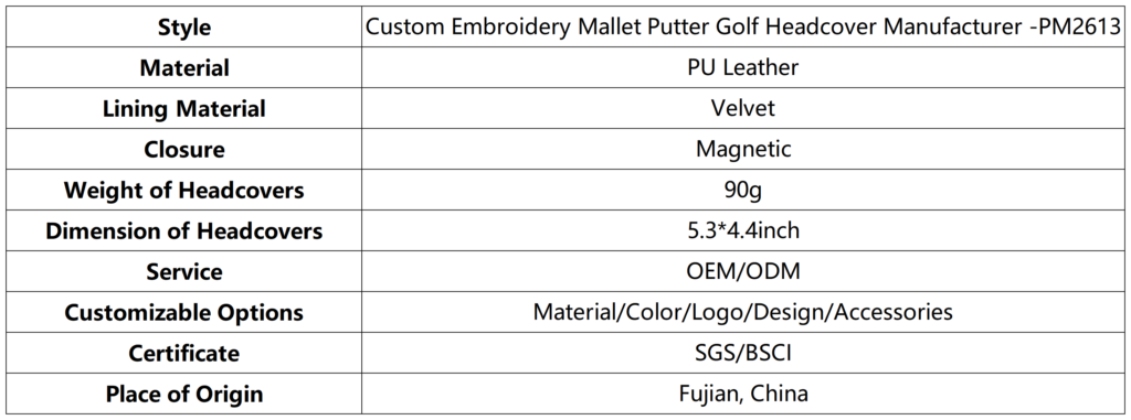 Custom Embroidery Mallet Putter Golf Headcover Manufacturer dimension