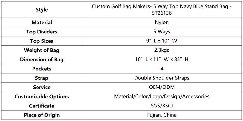 Custom Golf Bag Makers- 5 Way Top Navy Blue Stand Bag 7 Custom Golf Bag Makers- 5 Way Top Navy Blue Stand Bag dimension