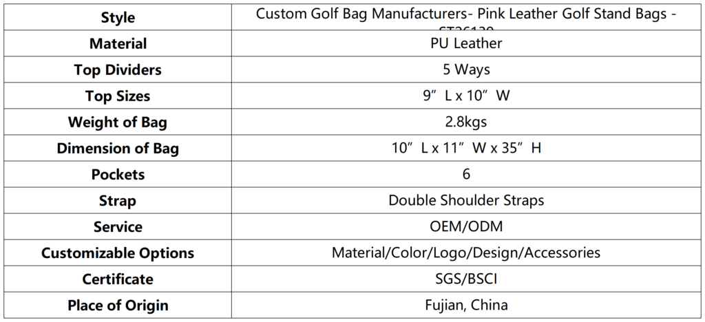 Custom Golf Bag Manufacturers- Pink Leather Golf Stand Bags dimension