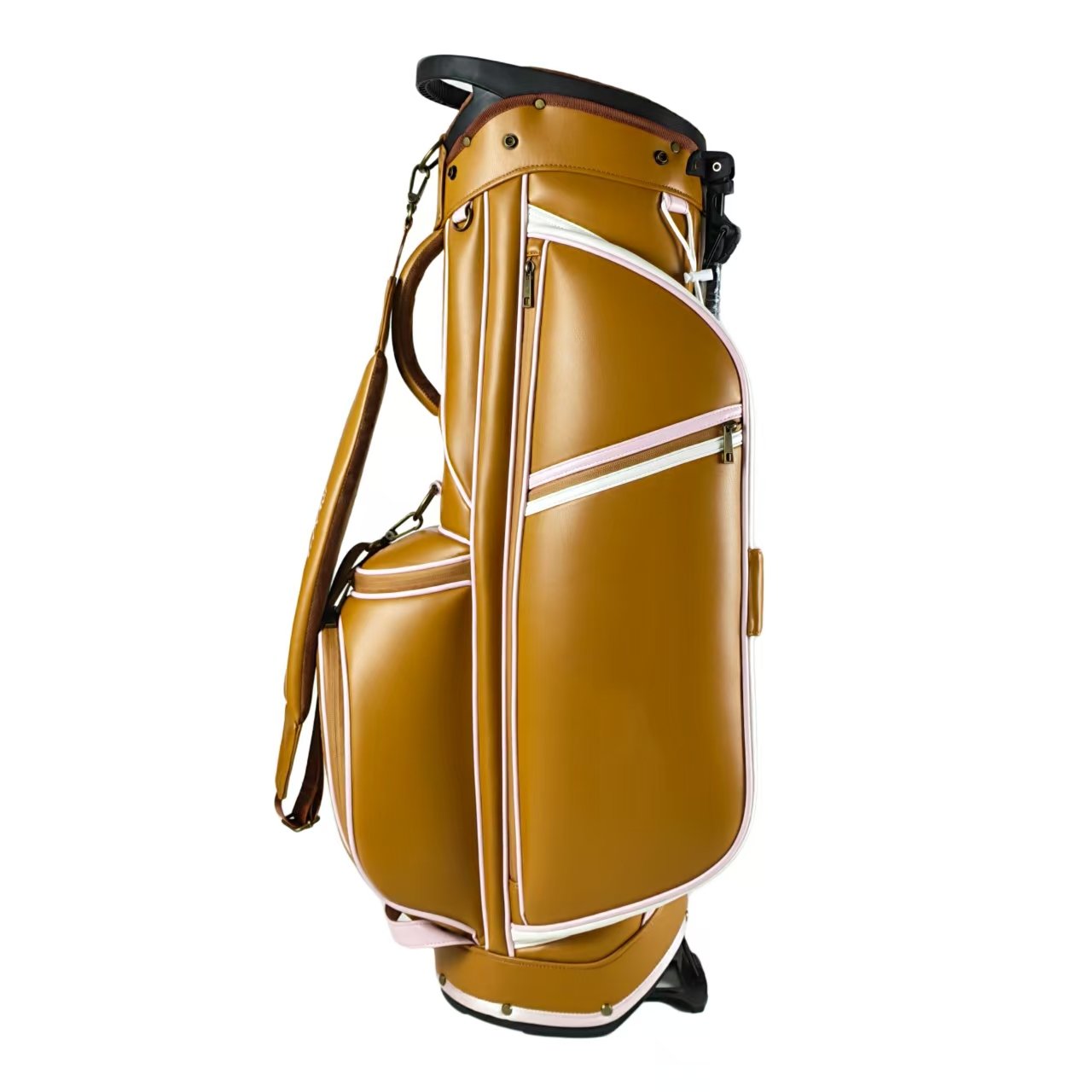 Best Golf Bag Manufacturer- Brown PU Leather Golf Stand Bag 2 Custom Golf Bag With Velvet Jewelry Pouch And Rangefinder Pocket