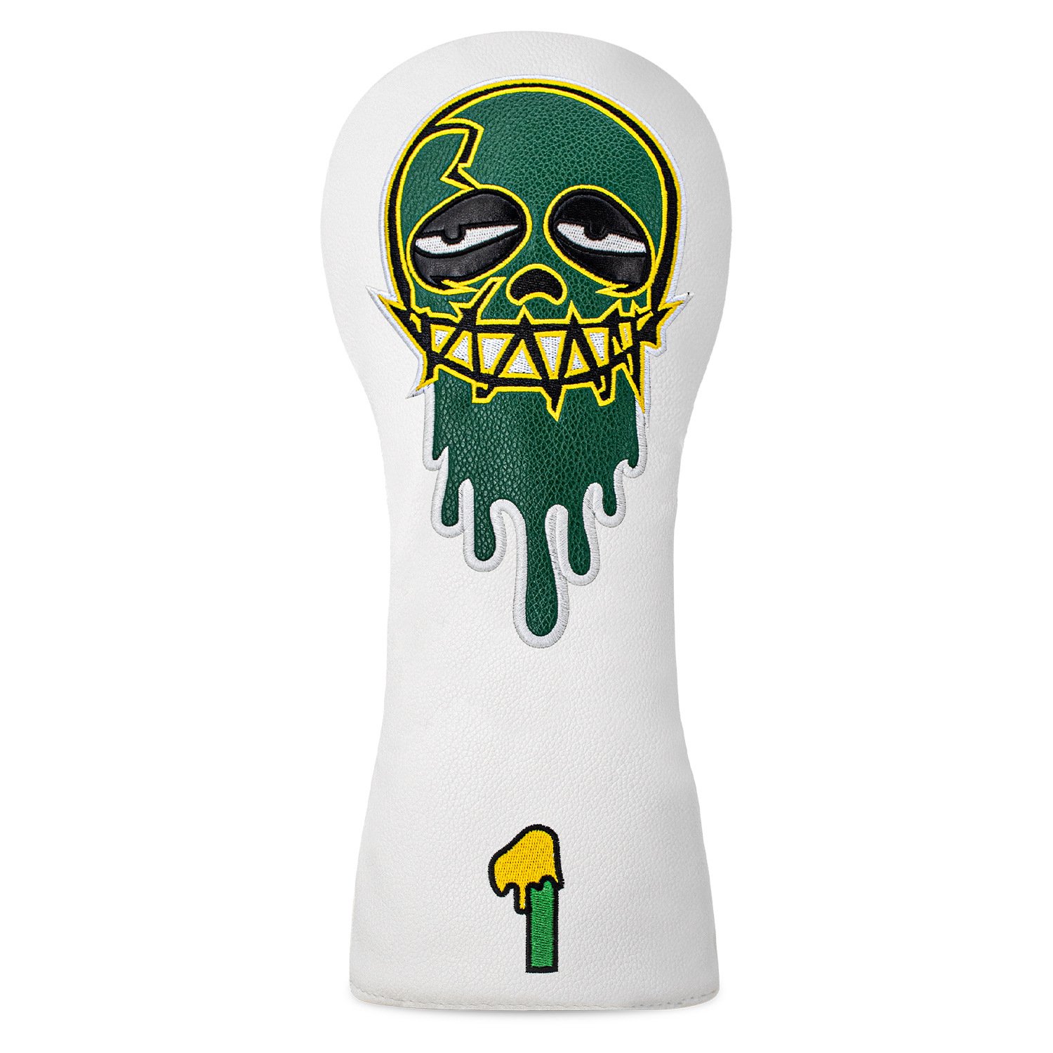 Golf Headcover Factory- White Leather Green Skull Embroidery 2 Custom Green Skull Embroidered Golf Headcover Factory