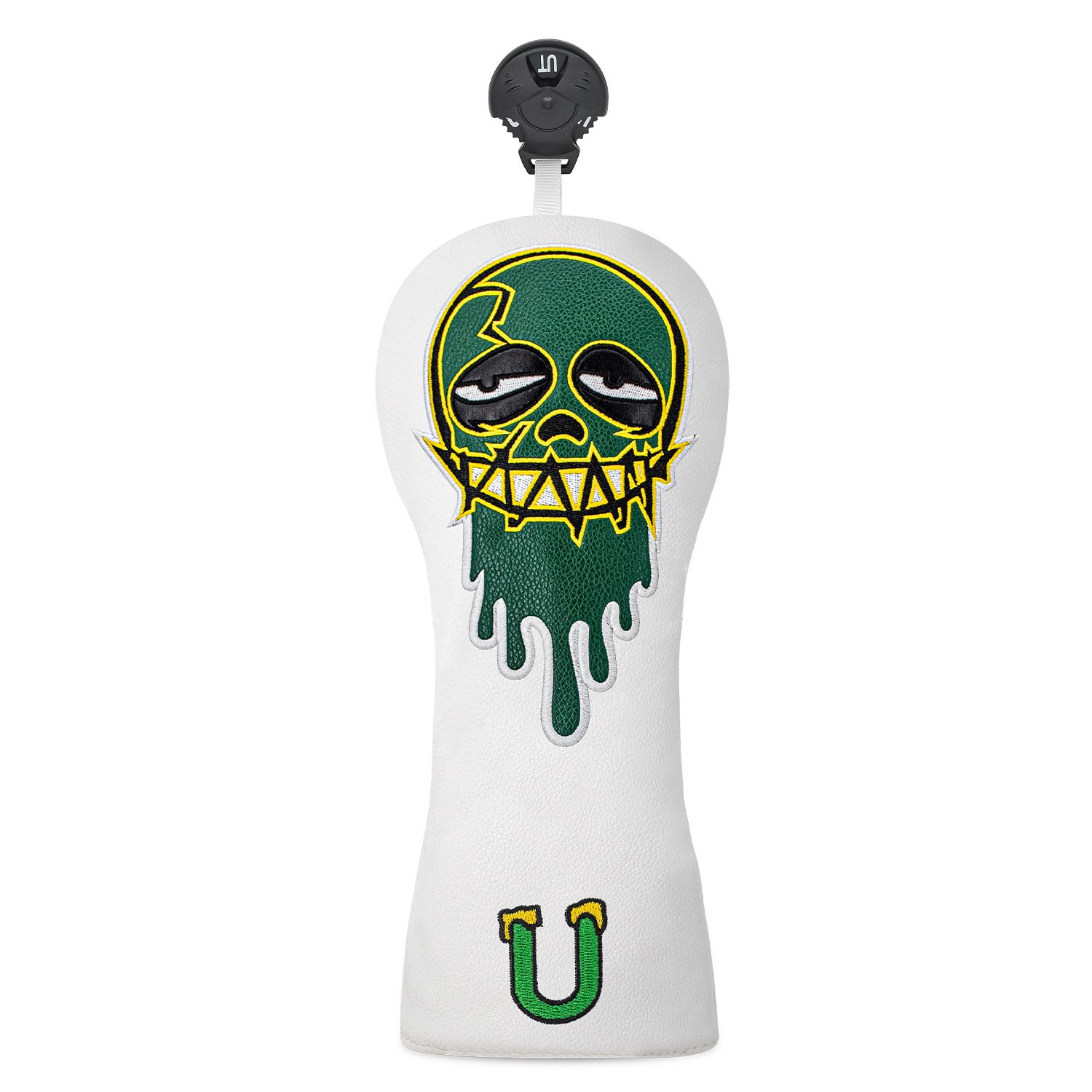 Golf Headcover Factory- White Leather Green Skull Embroidery 4 Durable Embroidered Golf Wood Cover With Velvet Lining