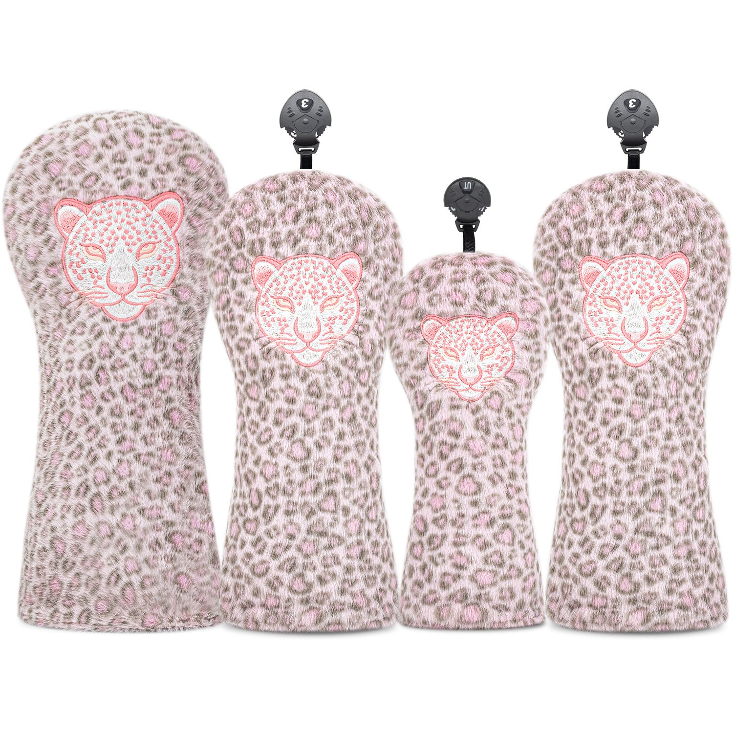 Pink Furry Embroidered Driver Cover Golf Headcover Factory 6 Durable Plush Golf Driver Cover With Pink Leopard Design