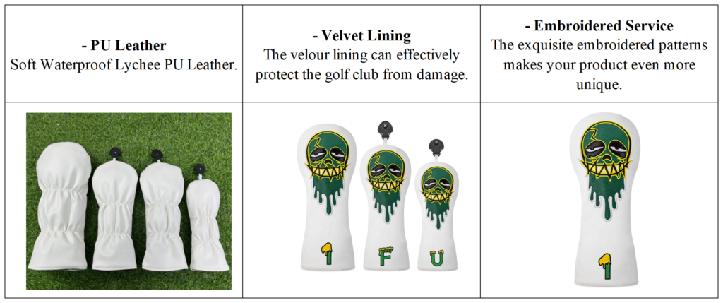 Golf Headcover Factory- White Leather Green Skull Embroidery 7 Golf Headcover Factory- White Leather Green Skull Embroidery details