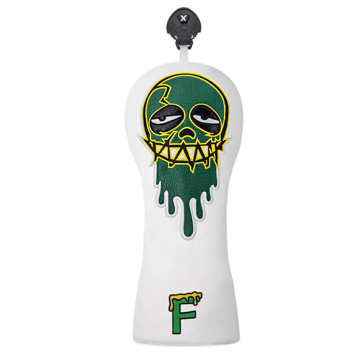 Golf Headcover Factory- White Leather Green Skull Embroidery 3 Personalized White Leather Headcover For Driver And Woods