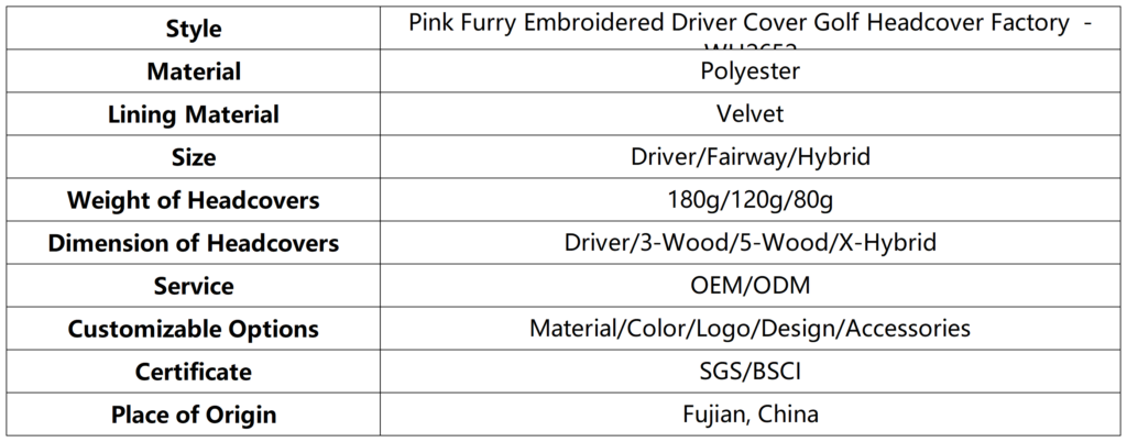 Pink Furry Embroidered Driver Cover Golf Headcover Factory 7 Pink Furry Embroidered Driver Cover Golf Headcover Factory dimension