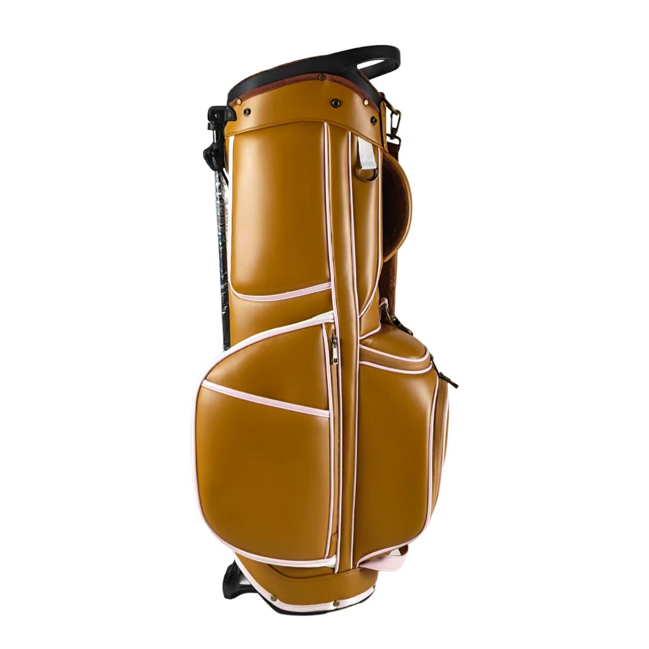 Best Golf Bag Manufacturer- Brown PU Leather Golf Stand Bag 5 Waterproof PU Leather Golf Bag With Open Bottle Holder