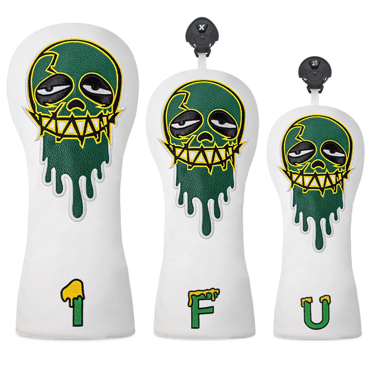 Golf Headcover Factory- White Leather Green Skull Embroidery 5 White Waterproof Leather Wood Cover With Skull Design