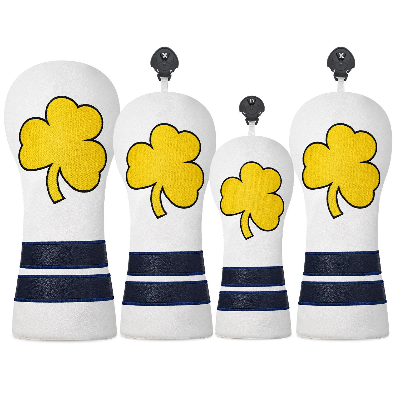 Custom Embroidery White PU Leather Golf Headcover Supplier 5 Black Velvet Lined White Wood Headcover With Yellow Clover Embroidery