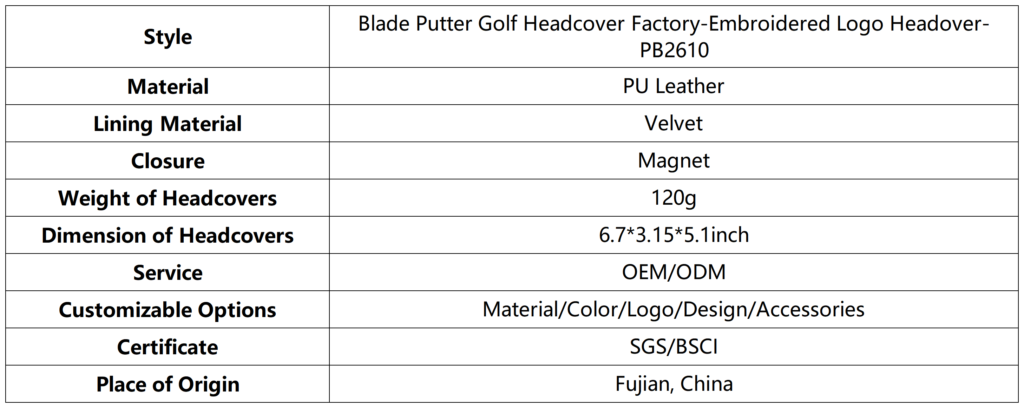 Blade Putter Golf Headcover Factory-Embroidered Logo Headover 6 Blade Putter Golf Headcover Factory-Embroidered Logo Headover dimension
