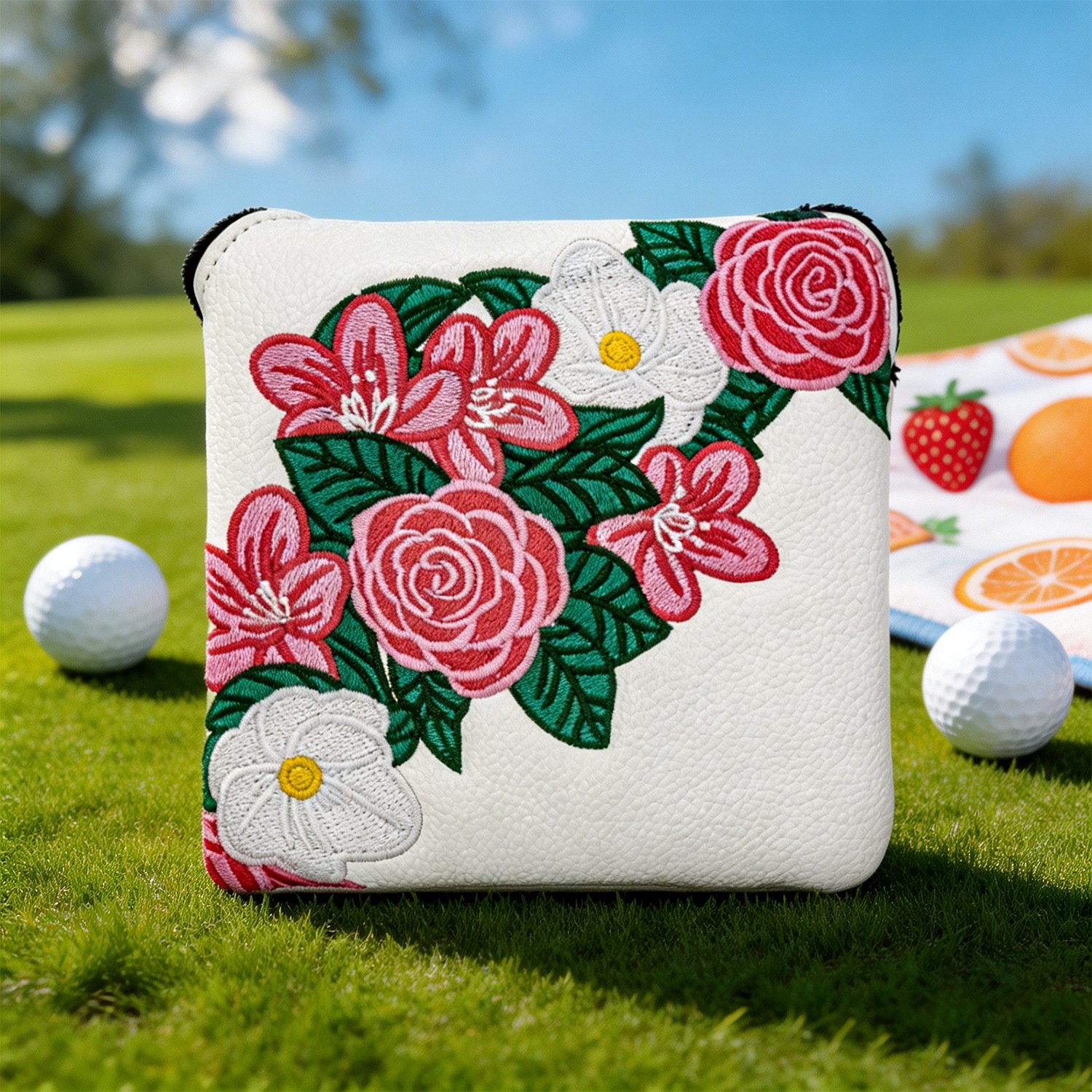 Peony Embroidery Mallet Putter Golf Headcover Supplier 3 Custom Embroidered Floral Golf Headcover For Mallet Putters