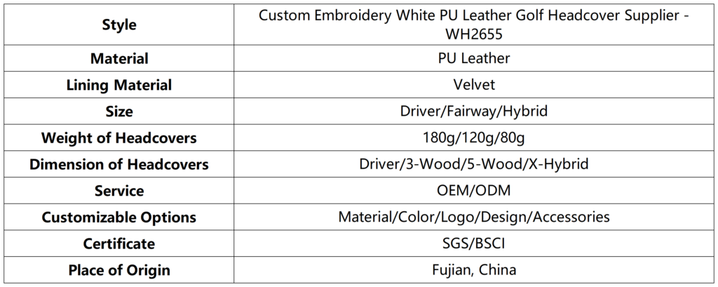 Custom Embroidery White PU Leather Golf Headcover Supplier 6 Custom Embroidery White PU Leather Golf Headcover Supplier dimension